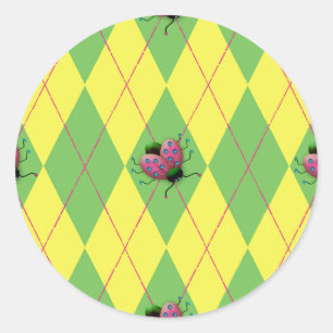 Green & Yellow Argyle Ladybug Classic Round Sticker
