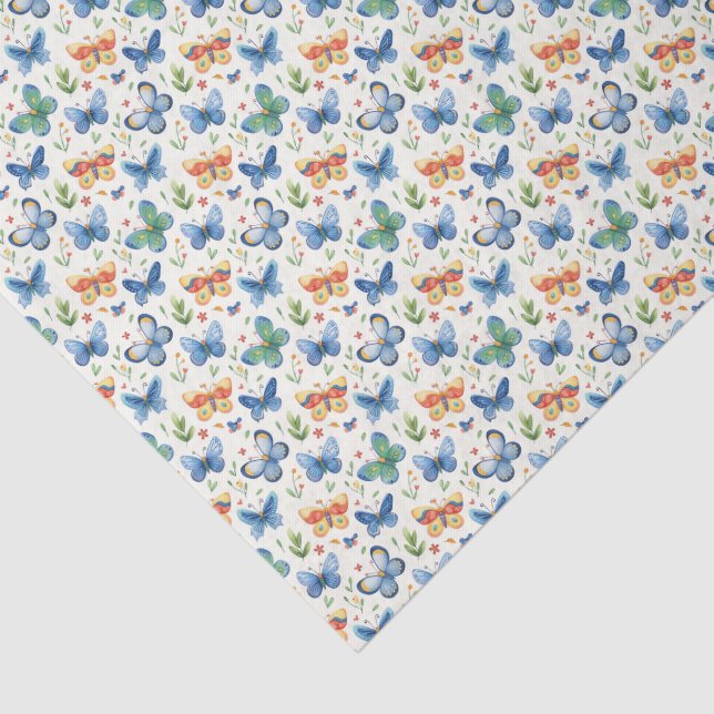 Green Yellow Blue Butterflies and Flowers Tissue Paper (Detail)