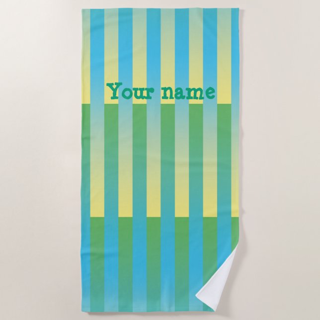 Green Yellow Blue Personalise Striped Pattern Beach Towel (Front)