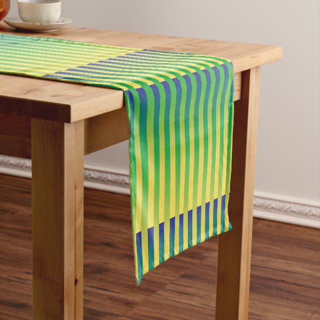Green Yellow Blue Striped Pattern Short Table Runner (In Situ)