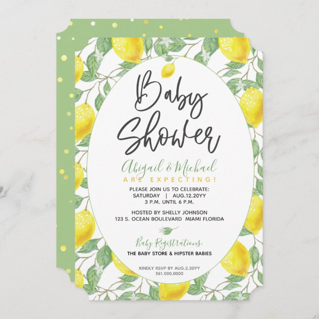 Green Yellow Boho Lemon Gender Neutral Baby Shower Invitation (Front/Back)