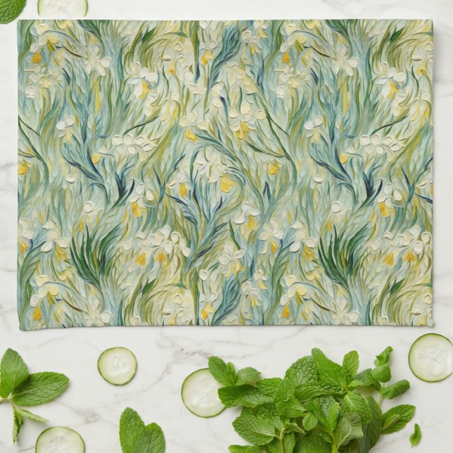 Green Yellow Botanical Iris Pattern Kitchen Towels (Folded)