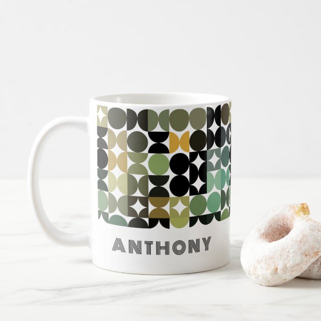 Green Yellow Brown Black Midcentury Art Pattern Coffee Mug (With Donut)