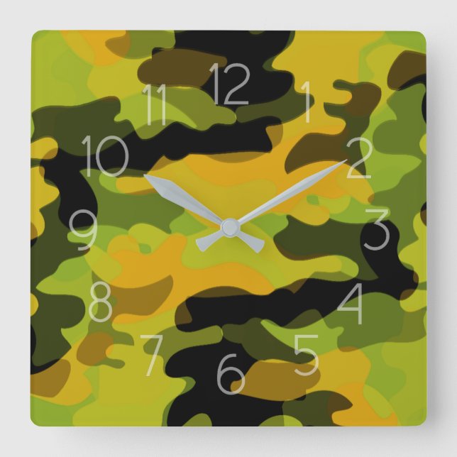 Green Yellow Camouflage Pattern Square Wall Clock (Front)