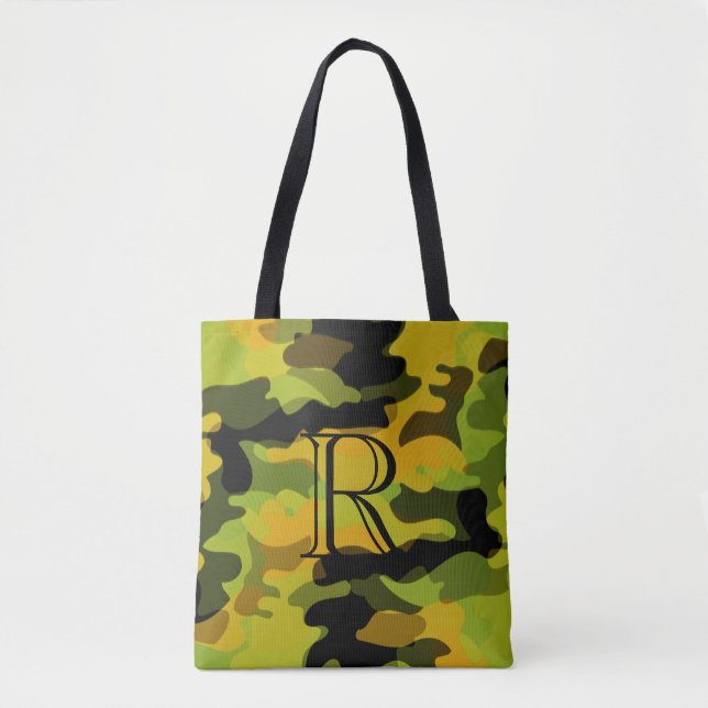 Green Yellow Camouflage Pattern with Monogram Tote Bag (Front)