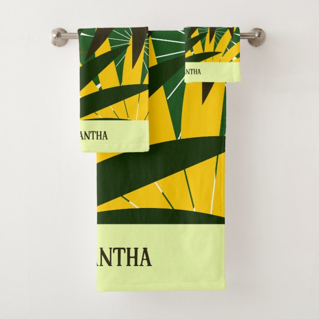 Green Yellow Cream Abstract Geometric leaves Bath Towel Set (Insitu)