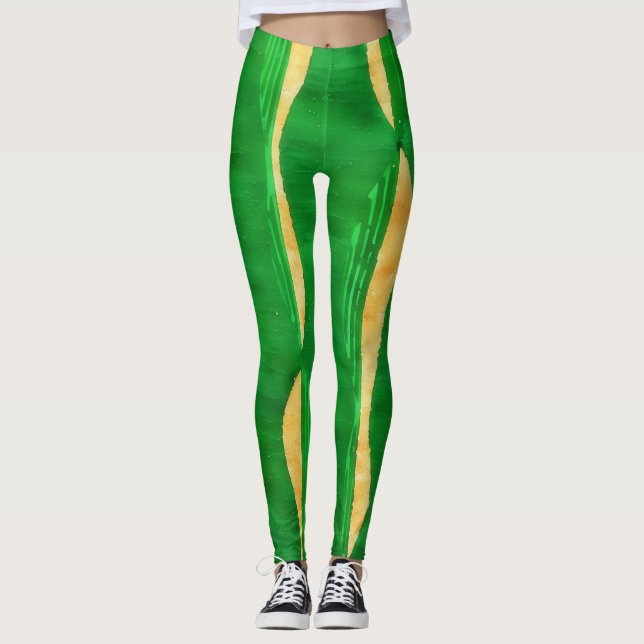 Green Yellow Curve Lines Abstract Art Leggings (Front)