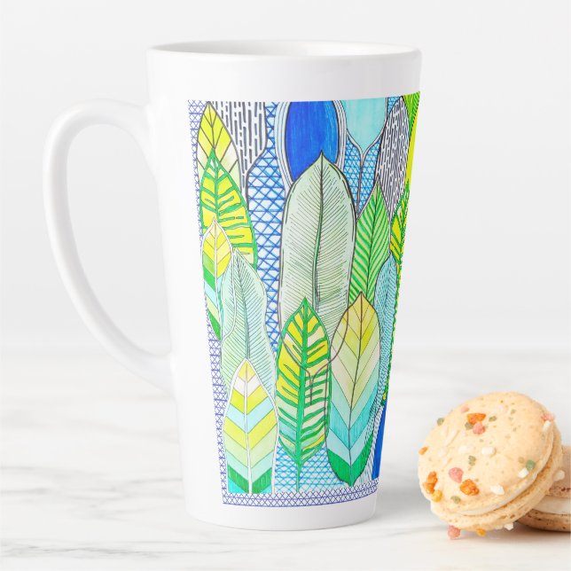 Green Yellow Cute Modern Tropical Boho Leaves Latte Mug (In Situ)