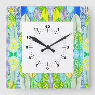 Green Yellow Cute Modern Tropical Boho Leaves Square Wall Clock
