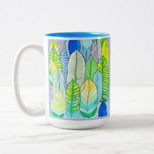 Green Yellow Cute Modern Tropical Boho Leaves Two-Tone Coffee Mug