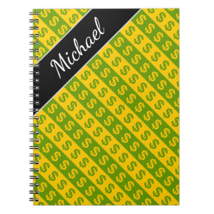 Green & Yellow Dollar Signs ($) Striped Pattern Notebook