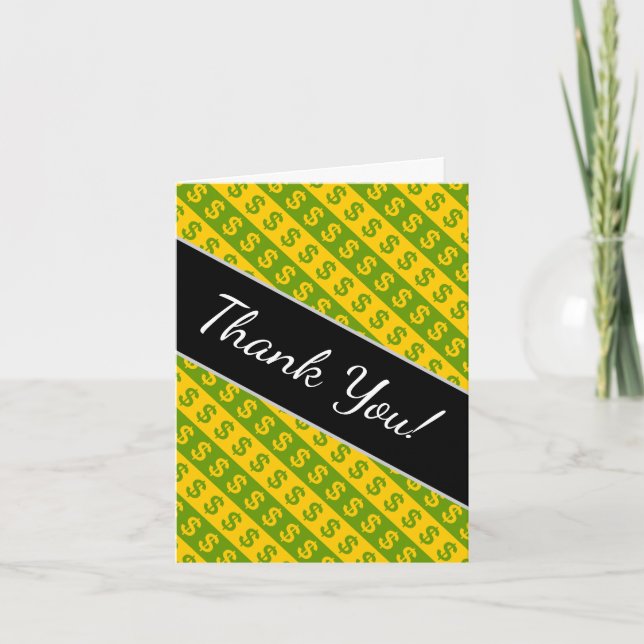Green & Yellow Dollar Signs ($) Striped Pattern Thank You Card (Front)