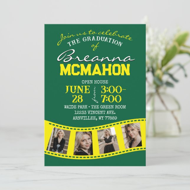 Green & Yellow Filmstrip 5 Photo Graduation Invitation (Standing Front)