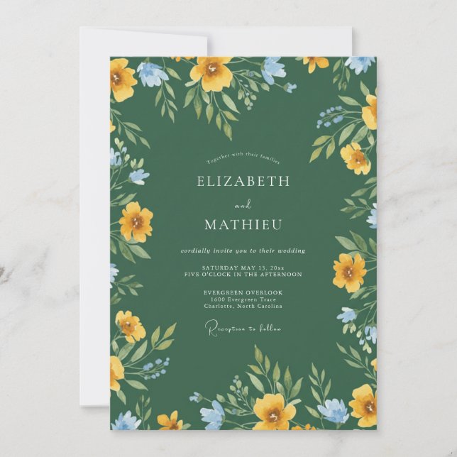 Green Yellow Floral Romantic Wedding Invitation (Front)