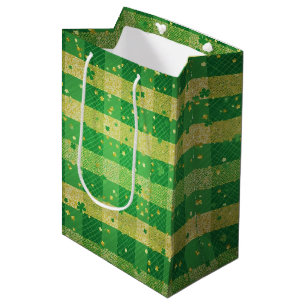 GREEN & YELLOW GLITTER LOOK IRISH PLAID PATTERN MEDIUM GIFT BAG