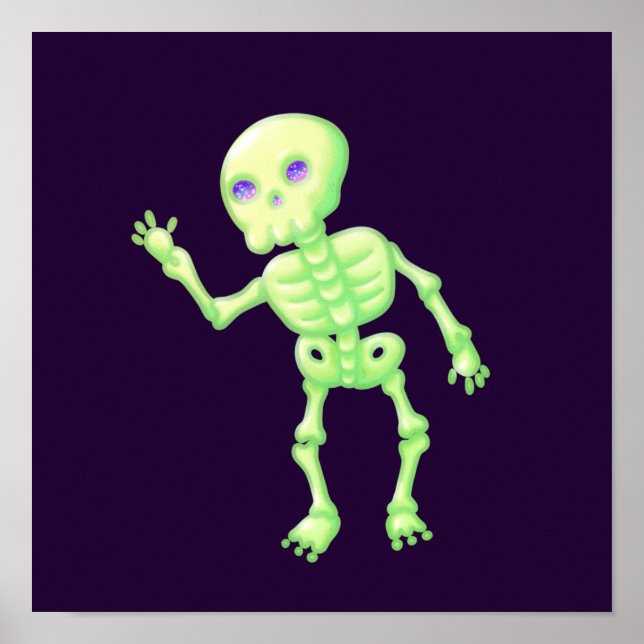 Green Yellow Glow Cute Skeleton Waving Art Poster (Front)