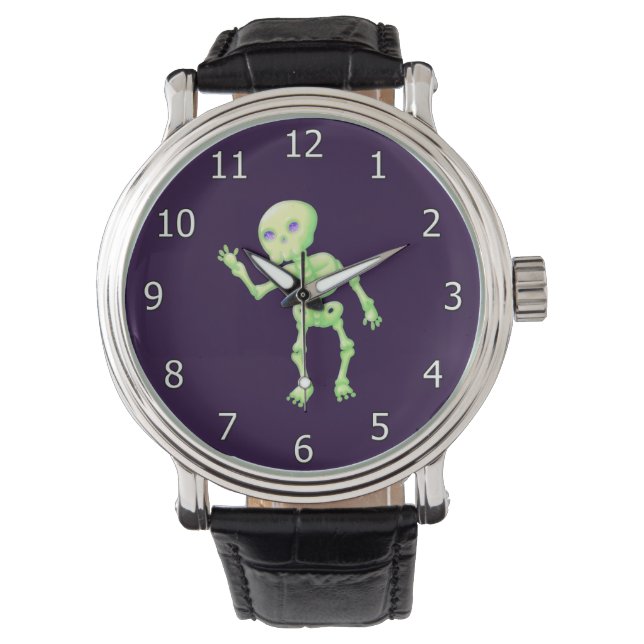Green Yellow Glow Cute Skeleton Waving Art Watch (Front)