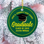 Green Yellow Graduate Custom Graduation Christmas Ceramic Ornament<br><div class="desc">This modern green and yellow custom senior graduate Christmas ornament features your high school or college name for the class of 2025. Customise with your graduating year under the chic handwritten script and black grad cap for a great personalised graduation gift.</div>