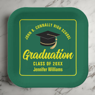 Green Yellow Graduate Graduation Party Square Paper Plate