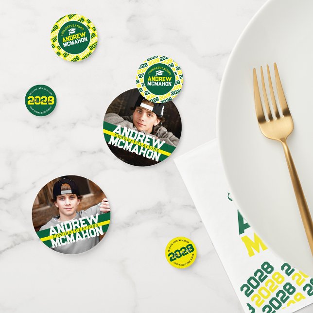 Green & Yellow Graduation Photo Personalised Party Confetti (Green & Yellow Graduation Photo Table Confetti From Our Repeating Class Year Collection)