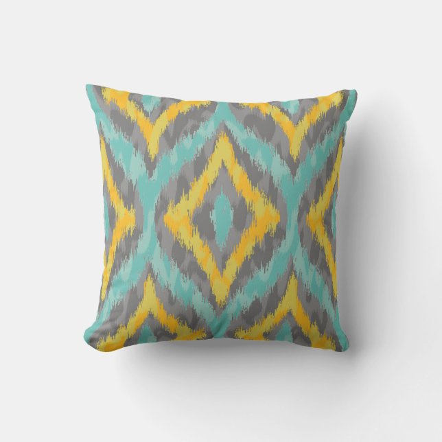 Green & Yellow & Grey Teardrop Ikat Pattern Cushion (Front)