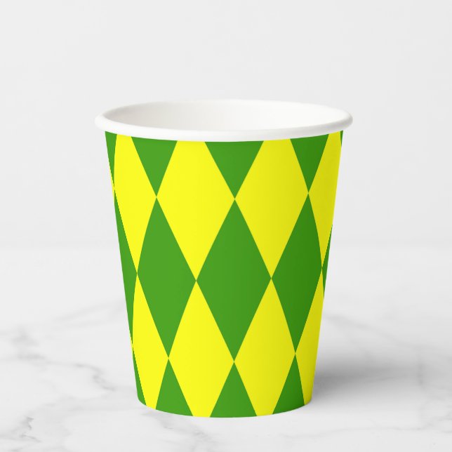 Green Yellow Harlequin Checkered Design  Paper Cups (Front)