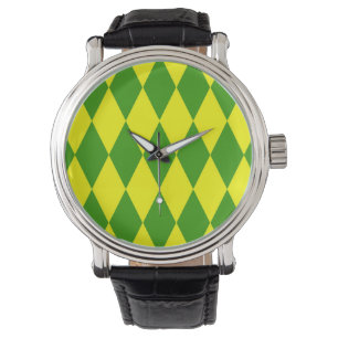 Green Yellow Harlequin Checkered Design Watch