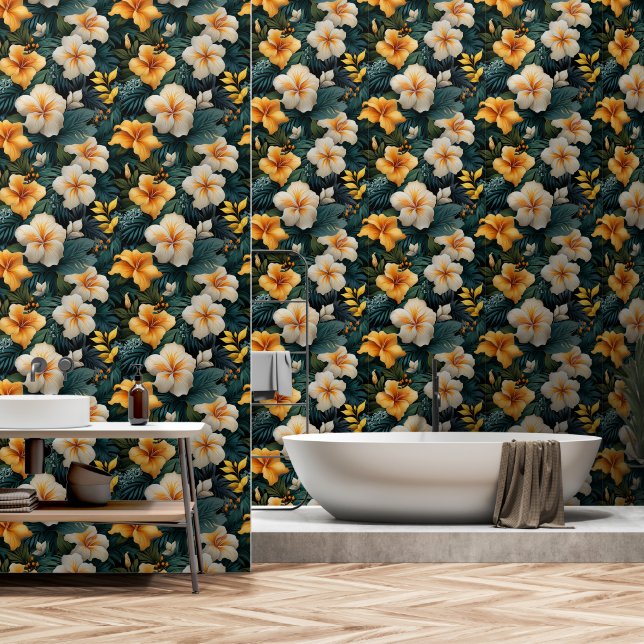 Green & Yellow Hibiscus Tropical Forest Wallpaper (Bathroom)