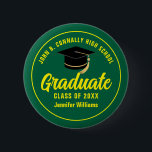 Green Yellow High School Graduate Custom Name Tag 6 Cm Round Badge<br><div class="desc">This modern green and yellow custom senior graduate button features classic typography of your high school or college name for the class of 2024. Customise with your graduating year under the chic handwritten script and black grad cap for a great personalised graduation name tag for a party or alumni homecoming...</div>