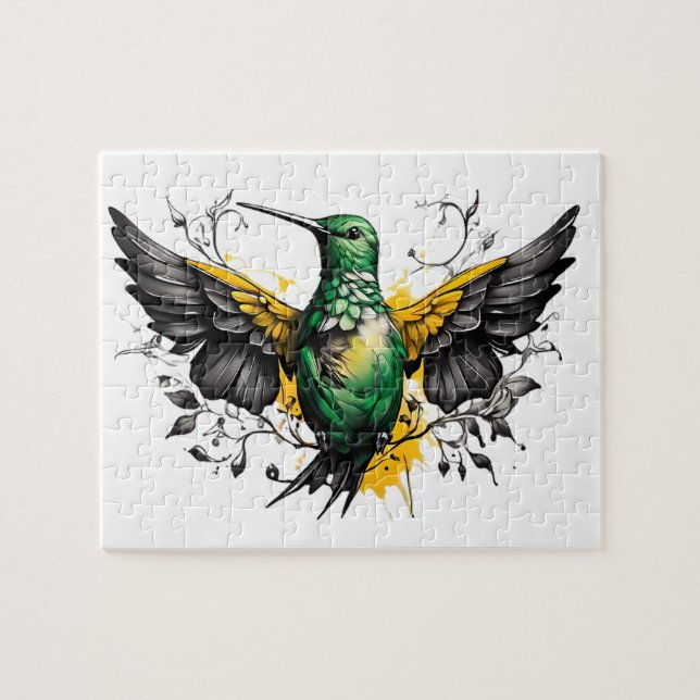 Green & Yellow Hummingbird Tattoo Design on white Jigsaw Puzzle (Horizontal)