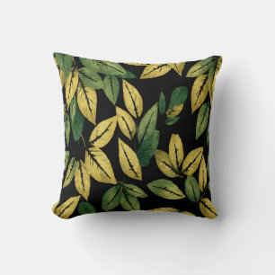 Green & Yellow Leaves – Bold Botanical Black Cushion