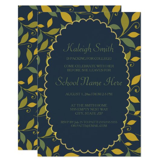 Green Yellow Leaves on Navy Blue Trunk Party Card