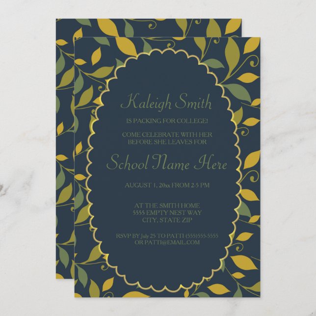 Green Yellow Leaves on Navy Blue Trunk Party Invitation (Front/Back)