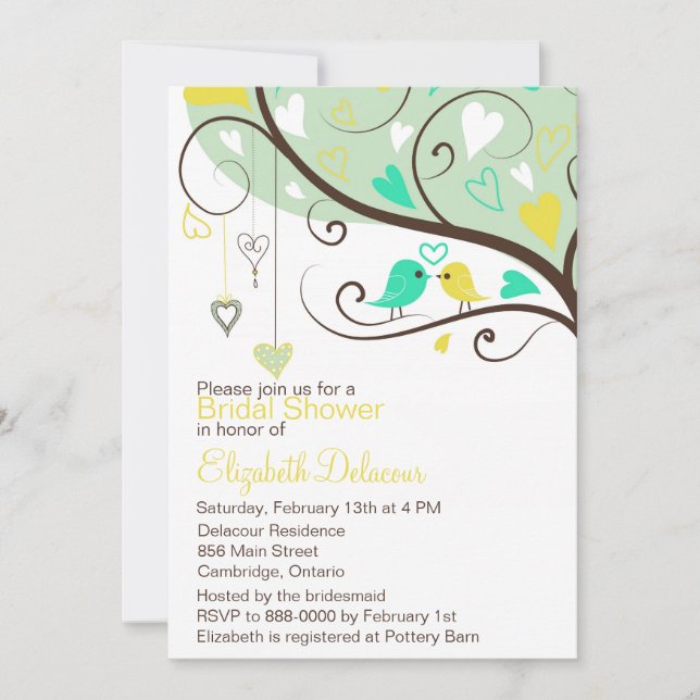 Green & Yellow Love Birds Bridal Shower Invitation (Front)