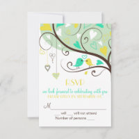 Green & Yellow Lovebirds RSVP Wedding Card Invite