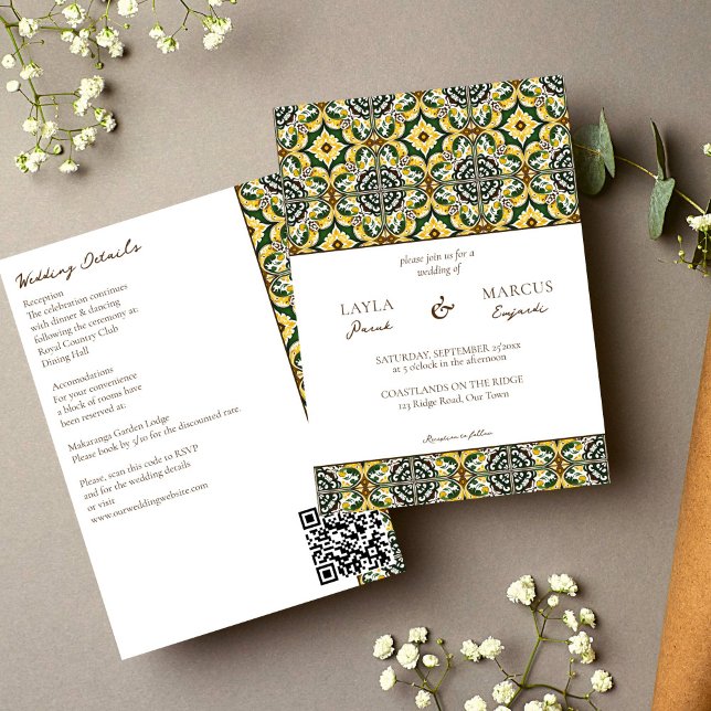 Green yellow Mediterranean tile all in one wedding Invitation (Green yellow Portuguese Mediterranean ornate folk tile all in one wedding Invitation template)
