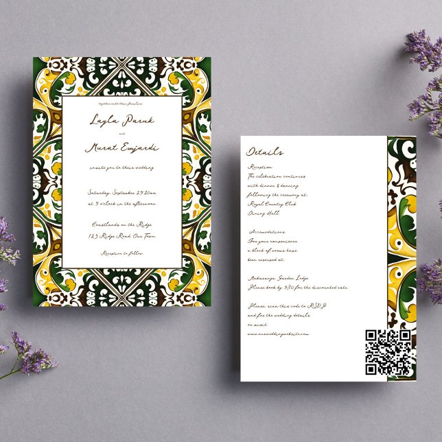Green yellow Mediterranean tile all in one wedding Invitation (Green yellow Portuguese  Mediterranean folk ornament tile boho all in one wedding Invite template)