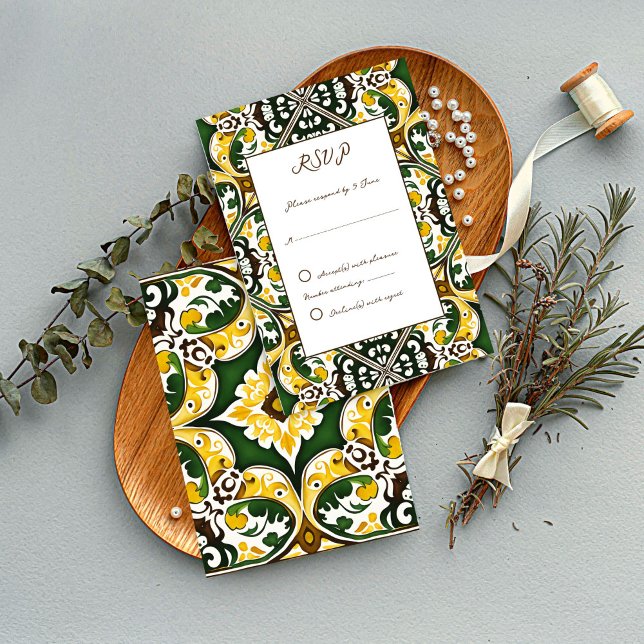 Green yellow Mediterranean tiles wedding RSVP Card (Green yellow Portuguese Mediterranean tiles ornate folk pattern handwritten  wedding RSVP cards )