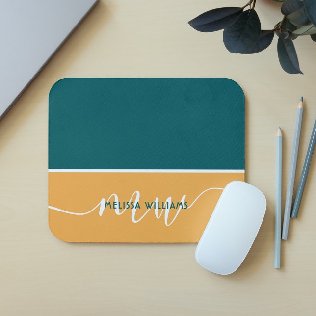 Green & Yellow Minimalist Script Monogram Name Mouse Pad (Creator Uploaded)