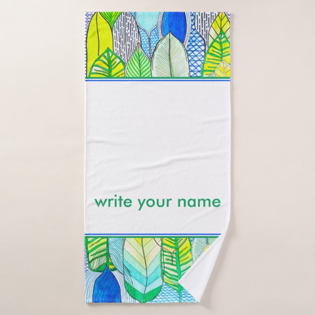 Green Yellow Modern Tropical Boho Monogram name Bath Towel Set (Bath Towel)