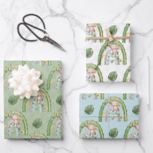 Green Yellow Monkey Tree Rainbow Baby Shower Wrapping Paper Sheet