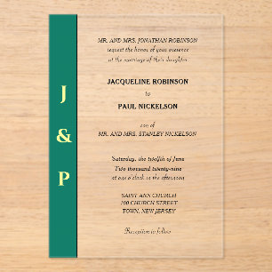 Green Yellow Monogram Bride and Groom Clear Acrylic Invitations