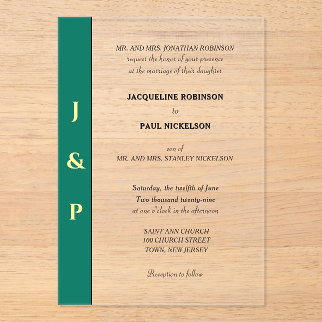 Green Yellow Monogram Bride and Groom Clear Acrylic Invitations (Front)