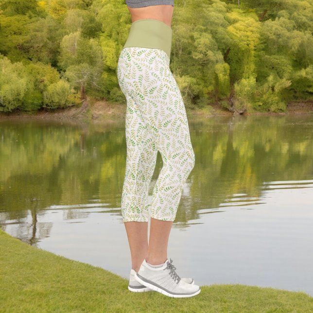 Green Yellow Nature Fern Leaf Pattern On White Capri Leggings (leggings side view)