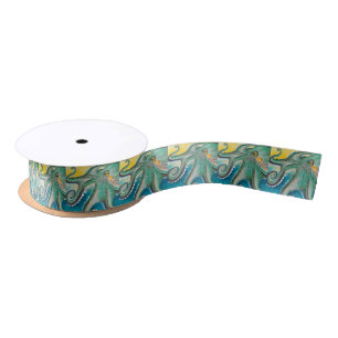 Green Yellow Octopus Watercolor Art Satin Ribbon