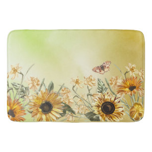 Green Yellow Ombre Watercolor Background Sunflower Bath Mat