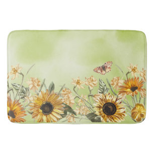 Green Yellow Ombre Watercolor Background Sunflower Bath Mat