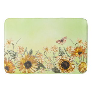 Green Yellow Ombre Watercolor Background Sunflower Bath Mat