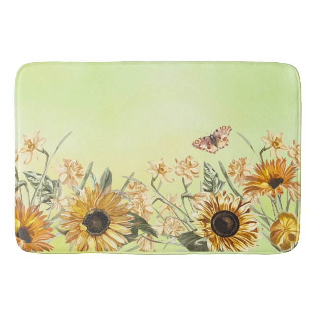 Green Yellow Ombre Watercolor Background Sunflower Bath Mat (Front)