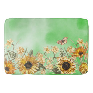 Green Yellow Ombre Watercolor Background Sunflower Bath Mat